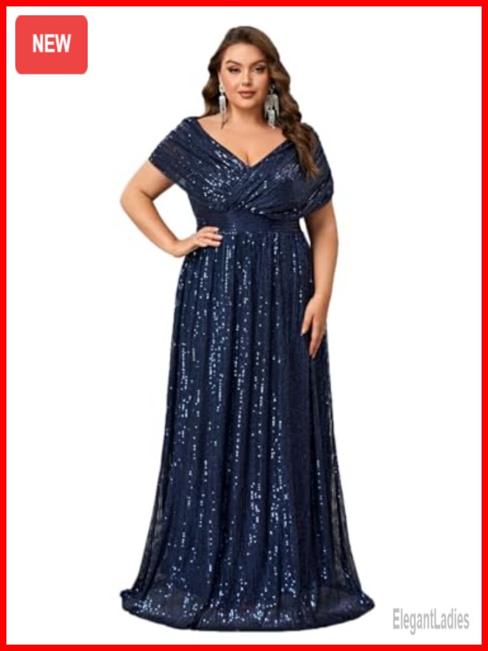 Plus Size V Neck Sequin A-Line Maxi Formal Prom Evening Dress